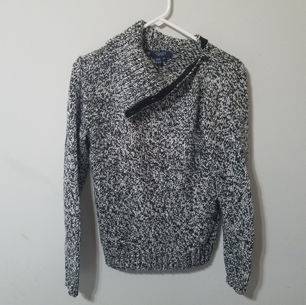 Chaps Medium Sweater Asymmetrical Button Neck Black White Cozy Preppy‎ Funnel